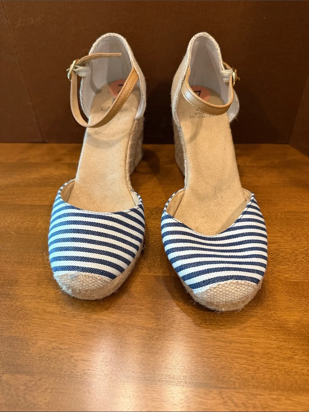 White Mountain Blue and White Striped Espadrille Wedge Sandals